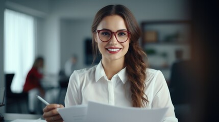 A woman in glasses is holding a piece of paper. Generative AI.