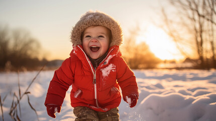 Happy toddler boy in warm coat and knitted hat tossing up snow and having a fun in the winter outside, outdoor portrait - Powered by Adobe