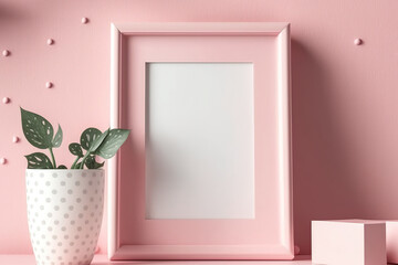 Pink shelf-mounted blank photo frame. Pink. Generative AI