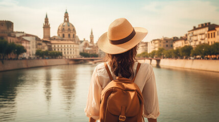Tourist Woman with Hat and Backpack in Spain. Wanderlust concept. - obrazy, fototapety, plakaty