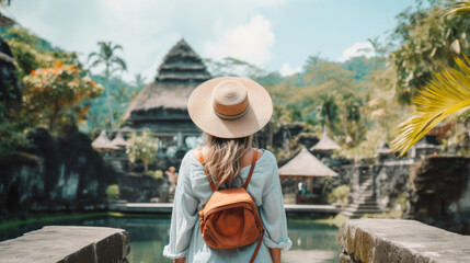 Tourist Woman with Hat and Backpack in Bali. Wanderlust concept.