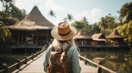 Obraz premium Tourist Woman with Hat and Backpack in Bali. Wanderlust concept.