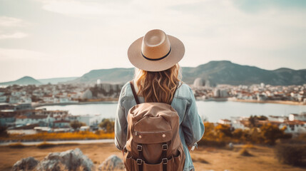 Tourist Woman with Hat and Backpack in XXX. Wanderlust concept. - obrazy, fototapety, plakaty