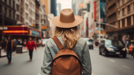 Tourist Woman with Hat and Backpack in New York. Wanderlust concept.