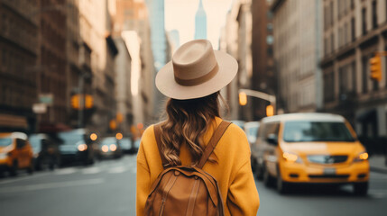 Tourist Woman with Hat and Backpack in New York. Wanderlust concept. - obrazy, fototapety, plakaty