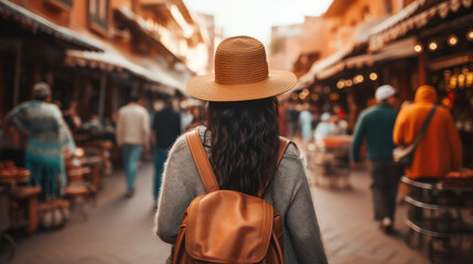 Obraz premium Tourist Woman with Hat and Backpack in market. Wanderlust concept.