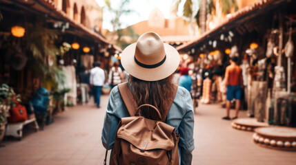 Tourist Woman with Hat and Backpack in local market. Wanderlust concept. - obrazy, fototapety, plakaty