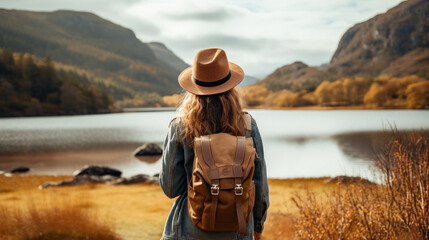 Tourist Woman with Hat and Backpack in Scotland. Wanderlust concept. - obrazy, fototapety, plakaty