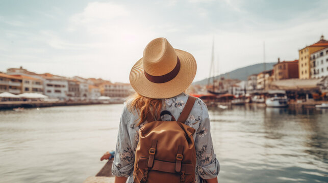 Tourist Woman with Hat and Backpack in Turkey. Wanderlust concept.