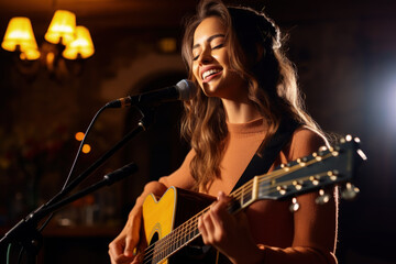 At a cozy pub, a gifted female singer-songwriter takes the spotlight, captivating the audience with soulful ballads.