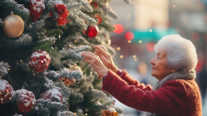 Decorating the Christmas Tree: Close Up of Elderly Asian Woman's Skilled Hands Adding Festive Ornaments