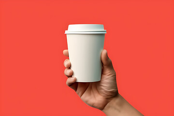 Paper coffee cup in hand, floating in the air, on flat plain background. - obrazy, fototapety, plakaty