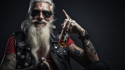 Punk Rock Santa Claus Cheers with a Beer in Beach Costume: Creative and Carefree Christmas Celebration with Generative AI and Amusing Cheer
