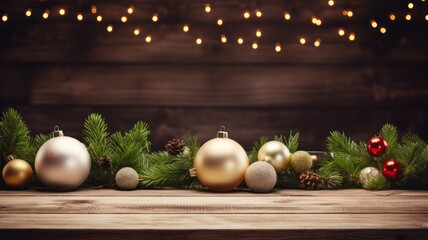 Rustic Christmas Centerpiece with White Paper, Fir Branches and Decorative Balls on Wooden Table for Festive Holiday Celebration in December: Generative AI Template