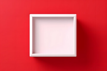 Blank open white box or top view of white present box isolated on dark red background with shadow minimal conceptual 