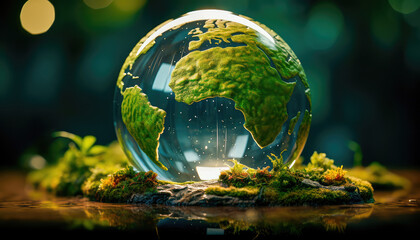 Crystal Earth, the concept of preserving a green planet with a green earth under a blue sky in a protective shell. Generative AI - obrazy, fototapety, plakaty