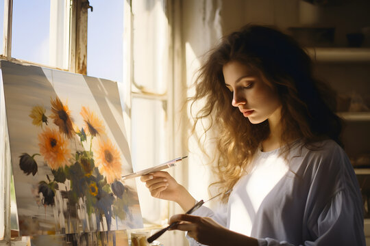 Concept Artist Beautiful girl young woman. Cherfull woman are creating art. Proffessional painter is painting happily art. Young artist painting workshop house. Creative work and hobby
