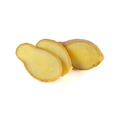 Fresh ginger rhizome with sliced isolated on white background. 
