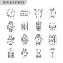 Clock line icon set. Time measuring symbol vector collection with clock, wrist watch, hourglass, Cuckoo-clock, smart watch, stopwatch, kitchen timer. Editable stroke.