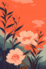 abstract children's book spring season girly floral botanical flower illustration in colorful pastel tones in textured pencil hand drawn color block sketch style