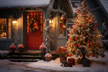 Fototapeta na wymiar Festive Christmas Tree Adorning a Charming Village House