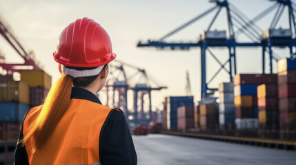A female civil engineer, wearing a helmet, reviews drawings at a harbor's container terminal, seen from behind with a blurred background.