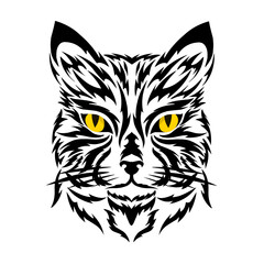 graphic vector illustration of tribal art tattoo face cat with yellow eyes