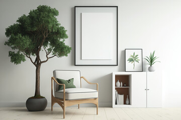 Framed home interior poster mock-up with white wall background, tree, cupboard, and chair in living room. Generative AI