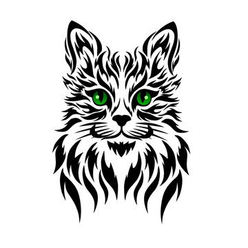 graphic vector illustration of tribal art tattoo face cat with green eyes