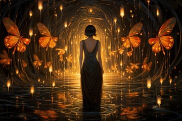 Fototapeta premium Luminescent fireflies, guiding lost souls through the depths of the night - Generative AI
