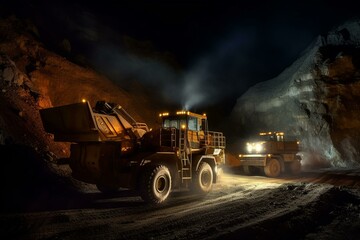 Nighttime work at limestone quarry with dump truck and excavator in mining industry. Generative AI - obrazy, fototapety, plakaty
