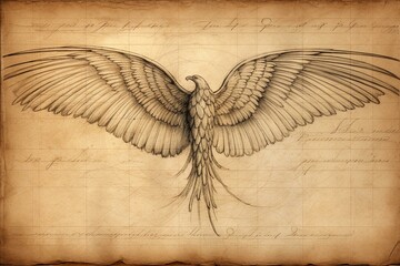 Digital illustration of Leonardo da Vinci's wing sketch with his signature. Generative AI