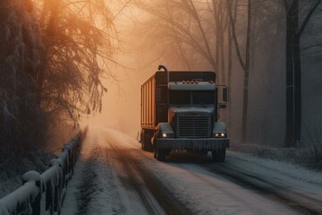 Fototapeta na wymiar A truck on a snowy road. Generative AI