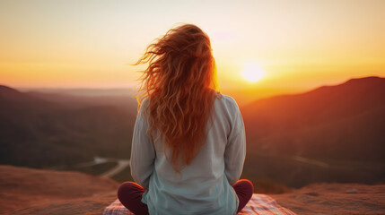 Fototapeta premium A woman meditates peacefully at sunset, with a blurred background, conveying relaxation and mental well-being.