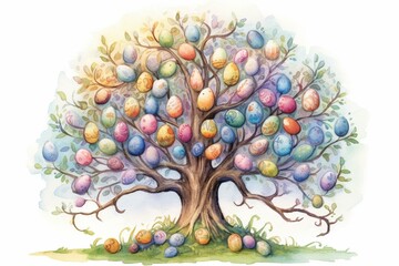Illustration featuring an Easter tree adorned with watercolor eggs. Generative AI