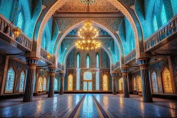 An awe-inspiring mosque gleaming with splendid Islamic art and mesmerizing architecture. Generative AI