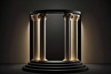 a platform and exhibition stand modeled after traditional Greek Doric pillars. copy space on a minimalistic dark background. Illustration used to promote products, services, and museum expansions