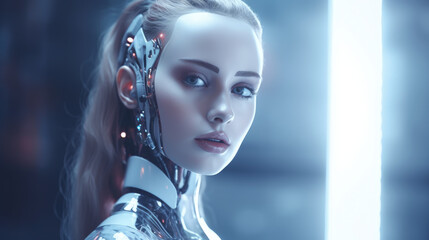 In this image, a futuristic AI android robot and a female cyborg coexist, embodying advanced technology and the AI chatbot ChatGPT concept.