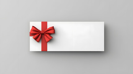 Blank white gift voucher with red ribbon bow or empty gift signboard isolated on grey background with shadow minimal conceptual  - obrazy, fototapety, plakaty