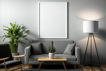 Fototapeta na wymiar Blank poster mockup for gray living room wall. Generative AI