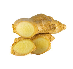 Fresh ginger rhizome with sliced isolated on white background. 