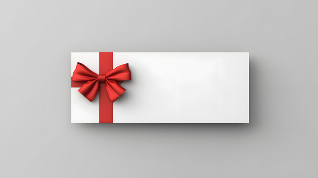 Blank white gift voucher with red ribbon bow or empty gift signboard isolated on grey background with shadow minimal conceptual © Prasanth