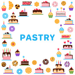 Pastry square frame with circle text copy space on white background. Flat colorful elements border. Danish pastries patisserie for cafe menu design. Cake donut croissant pie slice vector illustration.