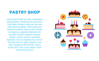 Pastry shop banner flyer brochure template with text copy space. Colorful baked healthy food circle concept design Dessert elements donut cake cupcake for cafe restaurant menu flat vector illustration