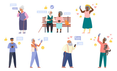 Old people with mobile phones set vector illustration. Cartoon isolated male and female elderly characters use smartphones to call or chat in social media, senior couple comment and rate services