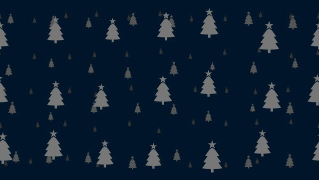 Christmas trees float horizontally from left to right. Parallax fly effect. Floating symbols are located randomly. Seamless looped 4k animation on dark blue background