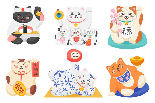 Maneki neko, Japanese lucky cats set vector illustration. Cartoon isolated cute happy animal characters collection with good luck and money Asian symbols, funny symbolic kitty waving with smiles