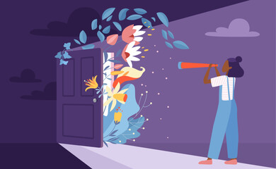 Hope for bright future, vision of new opportunity vector illustration. Cartoon woman looking through spyglass with curiosity at open door, fairy summer flowers, light as symbol of success in doorway - obrazy, fototapety, plakaty