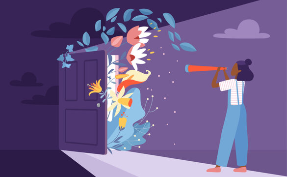 Hope For Bright Future, Vision Of New Opportunity Vector Illustration. Cartoon Woman Looking Through Spyglass With Curiosity At Open Door, Fairy Summer Flowers, Light As Symbol Of Success In Doorway