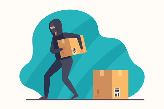 Postal parcel theft vector illustration. Cartoon thief sneaking away cardboard box, male burglar in disguise mask and hoodie taking away stolen paper package from mail warehouse or store to steal
